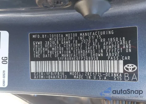 2015 Toyota Corolla Le Plus z USA, uszkodzony, nr VIN 5YFBURHE6FP269958